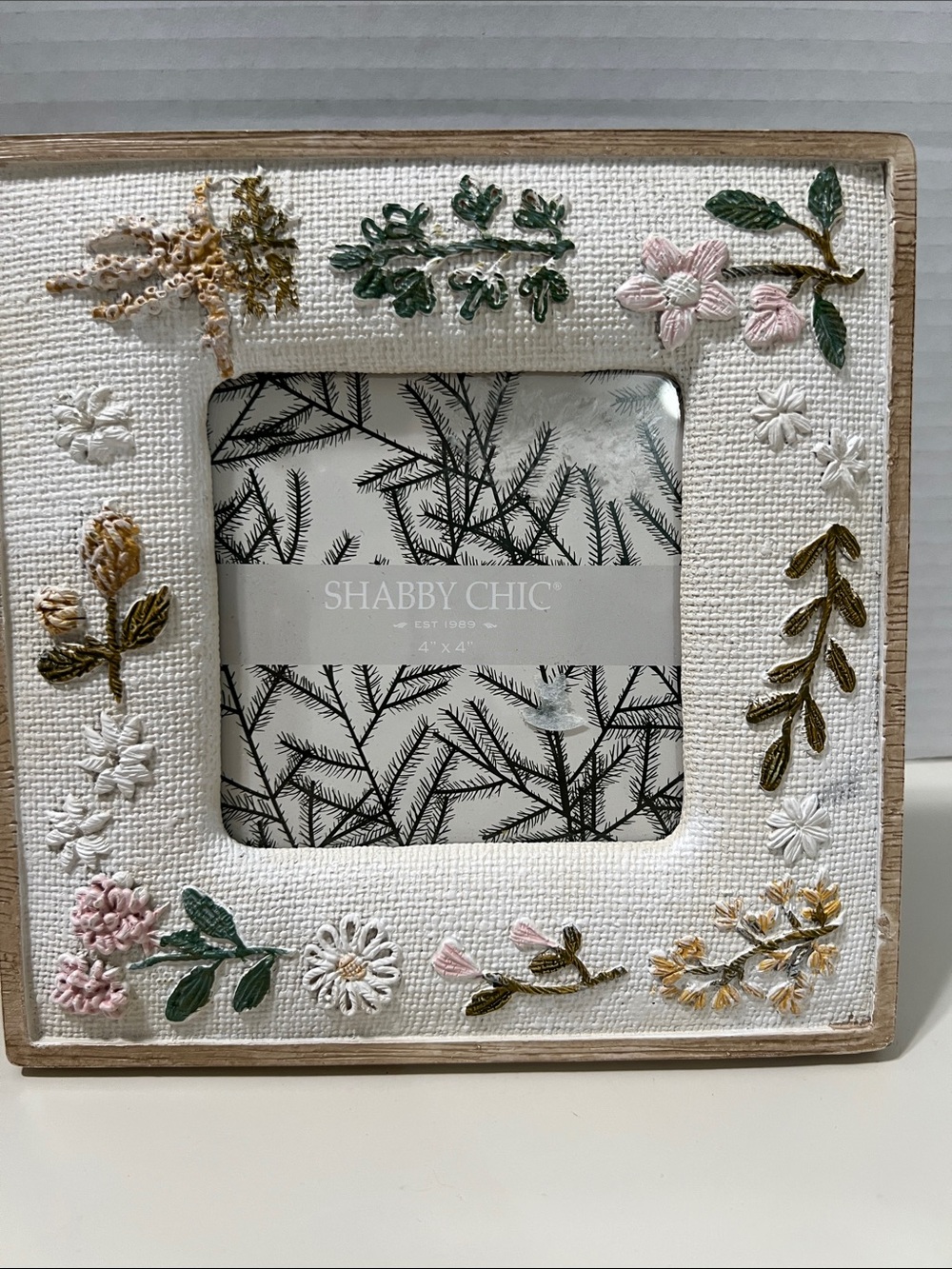 Shabby Chic White Embroidered Floral Frame with Pink and Green Accents 4x4